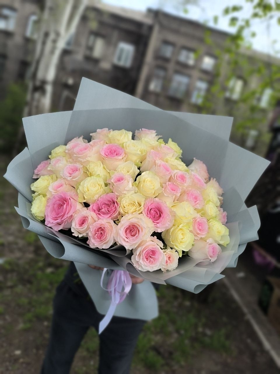 51 роза в нежной розово-кремовой гамме