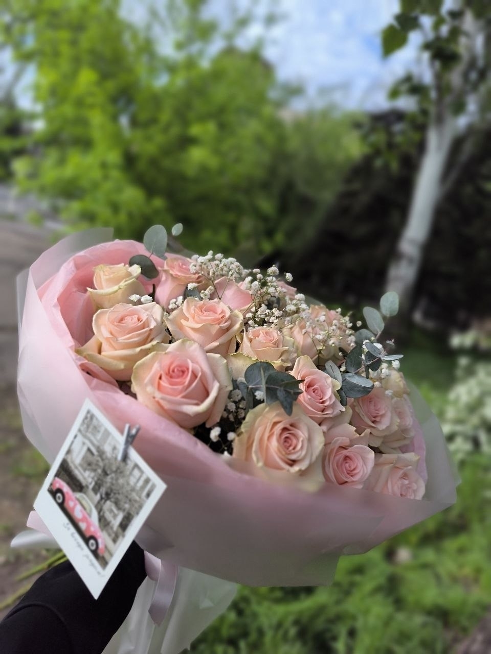 19 нежно-розовых роз с зеленью